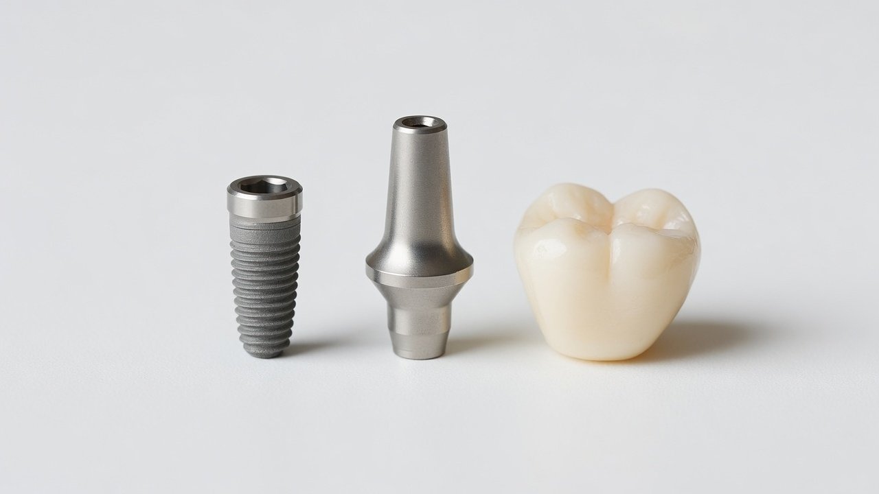 Anatómia zubného implantátu: implantát, abutment a korunka vedľa seba